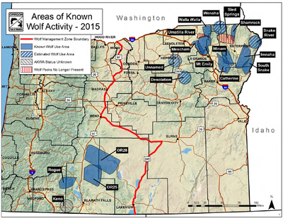 Map shows wolf packs and wolf activity documented at the end of 2015 by the Oregon Department of Fish and Wildlife. (Oregon Department of Fish and Wildlife)