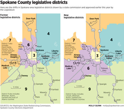 Shifts in Spokane-area legislative districts drawn by a state commission and approved earlier this year by the Legislature. (Graphic by Molly Quinn)
