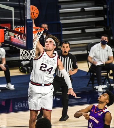 Gonzaga’s Corey Kispert slams down two of his 27 points against Northwestern State on Monday night at the McCarthey Athletic Center.  (DAN PELLE/THE SPOKESMAN-REVIEW)