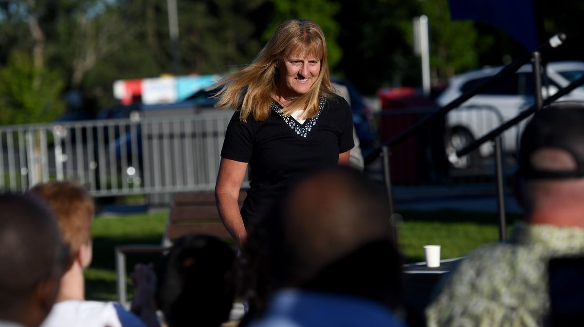 Jeanne Eggart Helfer smiles after being inducted into Hooptown’s Hall of Fame in Spokane on Thursday.  (Kathy Plonka/The Spokesman-Review)