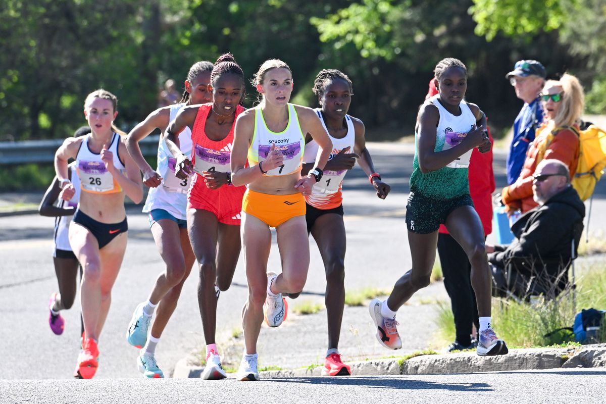 Eventual winner Veronica Loleo, third from left, keeps pace with the lead group of elite women during the 2025 Bloomsday road race on Sunday. (Jesse Tinsley/THE SPOKESMAN-REVI)