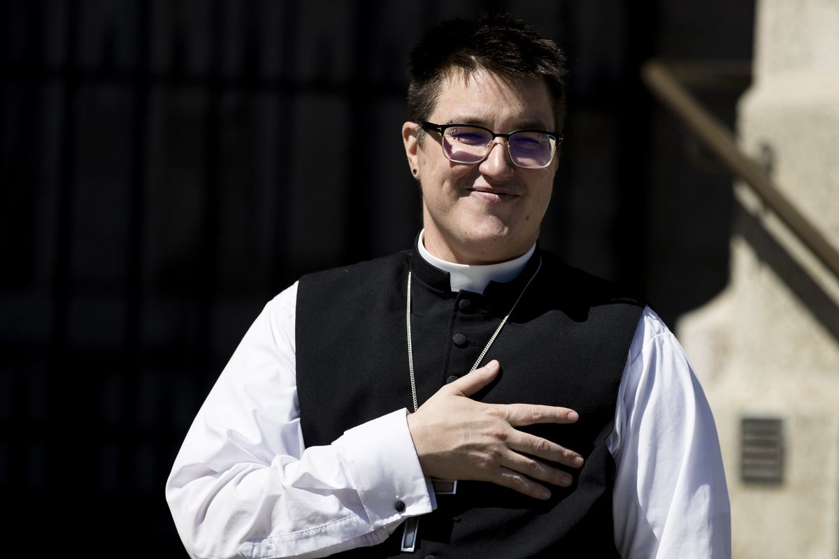 Bishop Megan Rohrer speaks to the press before their installation ceremony at Grace Cathedral in San Francisco, Saturday, Sept. 11, 2021. Rohrer is the first openly transgender person elected as bishop in the Evangelical Lutheran Church of America.  (John Hefti)