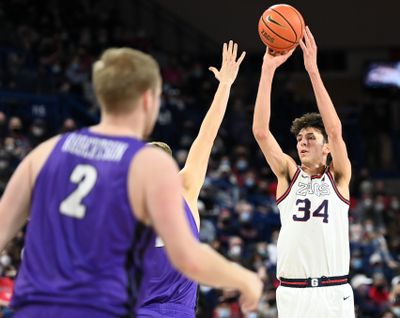 Gonzaga forward Chet Holmgren puts up a shot against Portland in the Zags' victory Saturday at the McCarthey Athletic Center.  (Tyler Tjomsland/The Spokesman-Review)