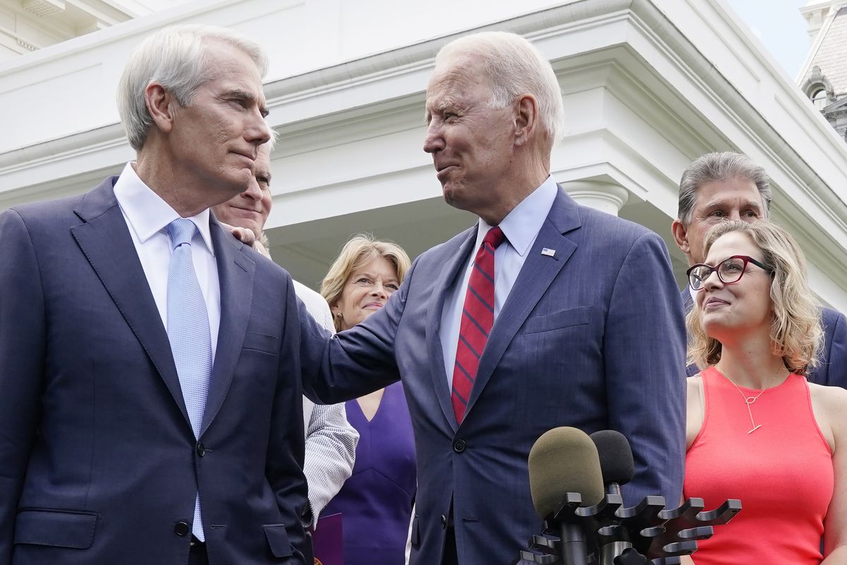 President Joe Biden speaks with Sen. Rob Portman, R-Ohio, and other bipartisan group of senators, Thursday June 24, 2021, outside the White House in Washington. Biden invited members of the group of 21 Republican and Democratic senators to discuss the infrastructure plan. From left are Portman, Sen. Bill Cassidy, R-La., Sen. Lisa Murkowski, R-Alaska, Biden, Sen, Joe Manchin, D-W.Va., rear, and Sen. Kyrsten Sinema. (Jacquelyn Martin)