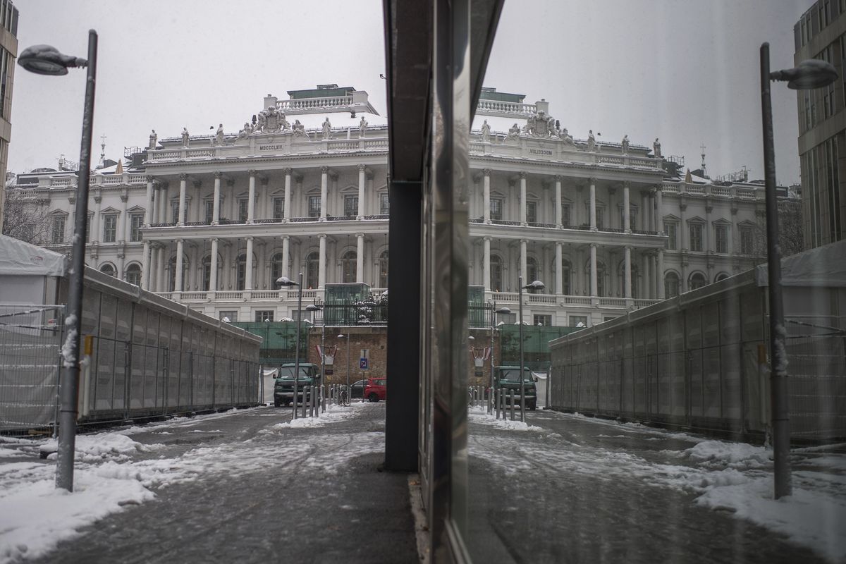 Palais Coburg where closed-door nuclear talks take place reflected in a window in Vienna, Austria, Thursday, Dec. 09, 2021.  (Michael Gruber)