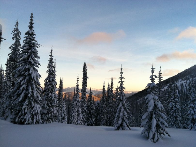 This sunrise view greeted backcountry skiers in the Caribou Lake area of the Idaho Selkirk Mountains on Feb. 3, 2012. (Alison Boggs)