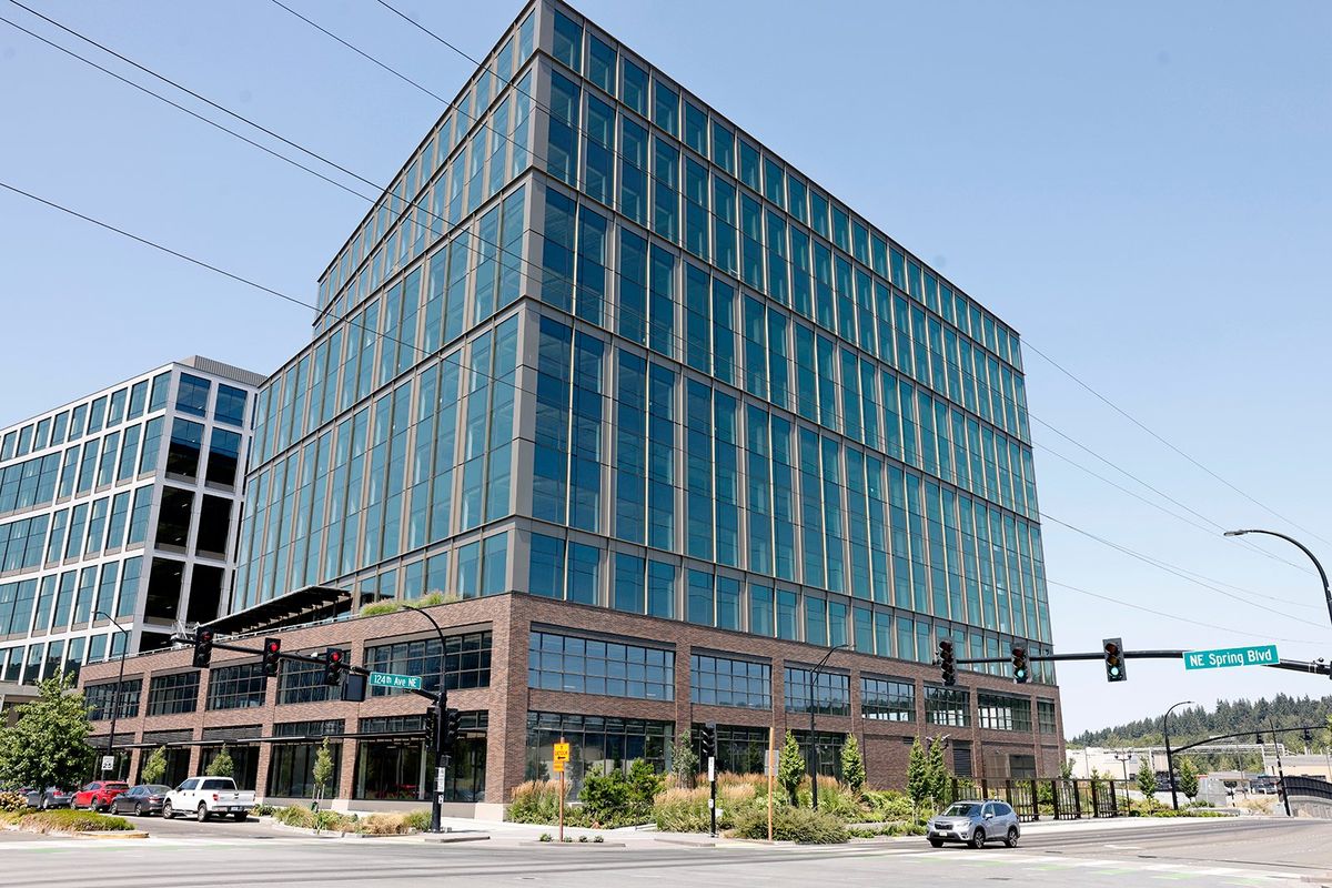 Spring District Block 6, an office tower, and buildings in Bellevue are shown on July 26.  (Karen Ducey/Seattle Times )