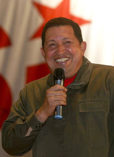 Venezuelan President Hugo Chavez  speaks at a rally in Caracas, Venezuela, on Monday.  (Associated Press / The Spokesman-Review)
