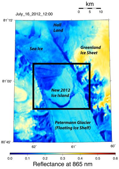 ThisJuly 16, 2012, NASA image provided by the University of Delaware shows a crack in northwestern Greenland’s Petermann Glacier. (AP)