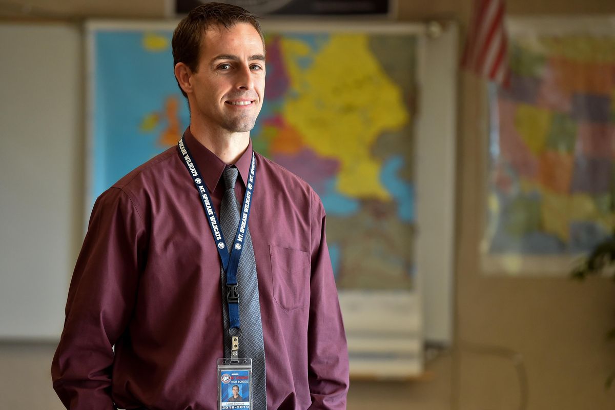 Luke Thomas, a social studies teacher of Mt. Spokane High School who has been selected to receive the Washington State Historical SocietyÕs GovernorÕs Award for Excellence in Teaching History poses for a photo on Tuesday, October 16, 2018, at Mt. Spokane High School in Mead, Wash. (Tyler Tjomsland / The Spokesman-Review)
