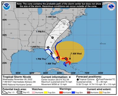 Tropical Storm Nicole is on the verge of strengthening into a Category 1 hurricane as it crosses the Bahamas Wednesday.    (National Hurricane Center/National Hurricane Center/TNS)