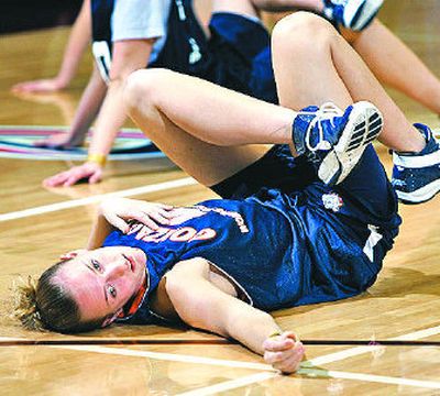 
Stephanie Hawk stretches during GU's practice Friday in Stanford, Calif. 
 (Associated Press / The Spokesman-Review)