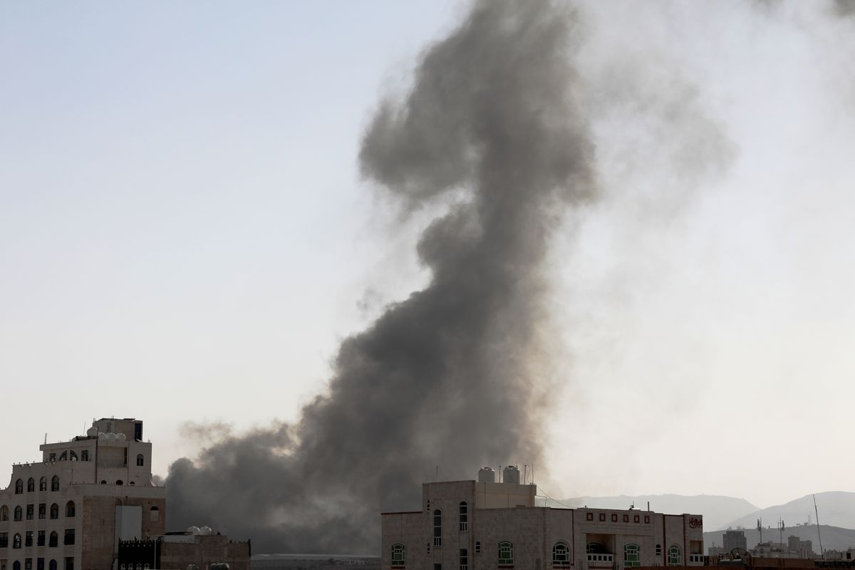 Smoke rises after Saudi-led airstrikes on an army base in Sanaa, Yemen, Sunday, Mar. 7, 2021. The Saudi-led coalition fighting Iran-backed rebels in Yemen said Sunday it launched a new air campaign on the war-torn country’s capital and on other provinces. The airstrikes come as retaliation for recent missile and drone attacks on Saudi Arabia that were claimed by the Iranian-backed rebels.  (Hani Mohammed)