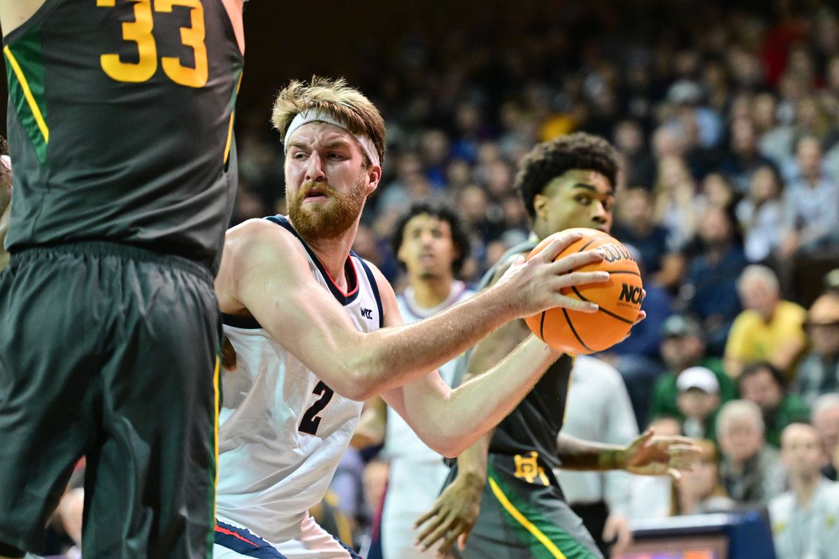 Gonzaga forward Drew Timme feels the pressure from Baylor’s defense during Friday’s Peacock Classic at the Sanford Pentagon in Sioux Falls, South Dakota.  (Tyler Tjomsland/The Spokesman-Review)