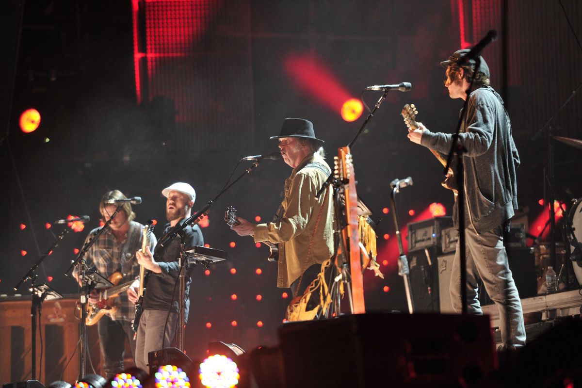 Neil Young lands at the Spokane Arena on Friday night. (Rob Grabowski / Associated Press)