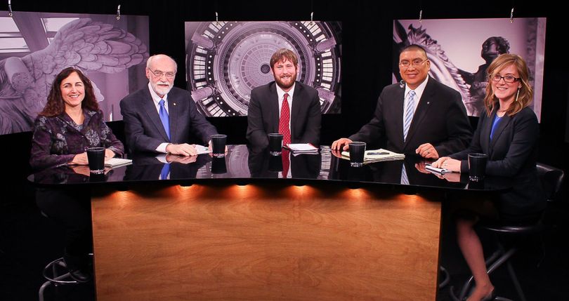 From left, Betsy Russell, Jim Weatherby, Clark Corbin, and co-hosts Aaron Kunz and Melissa Davlin on Idaho Public TV's 