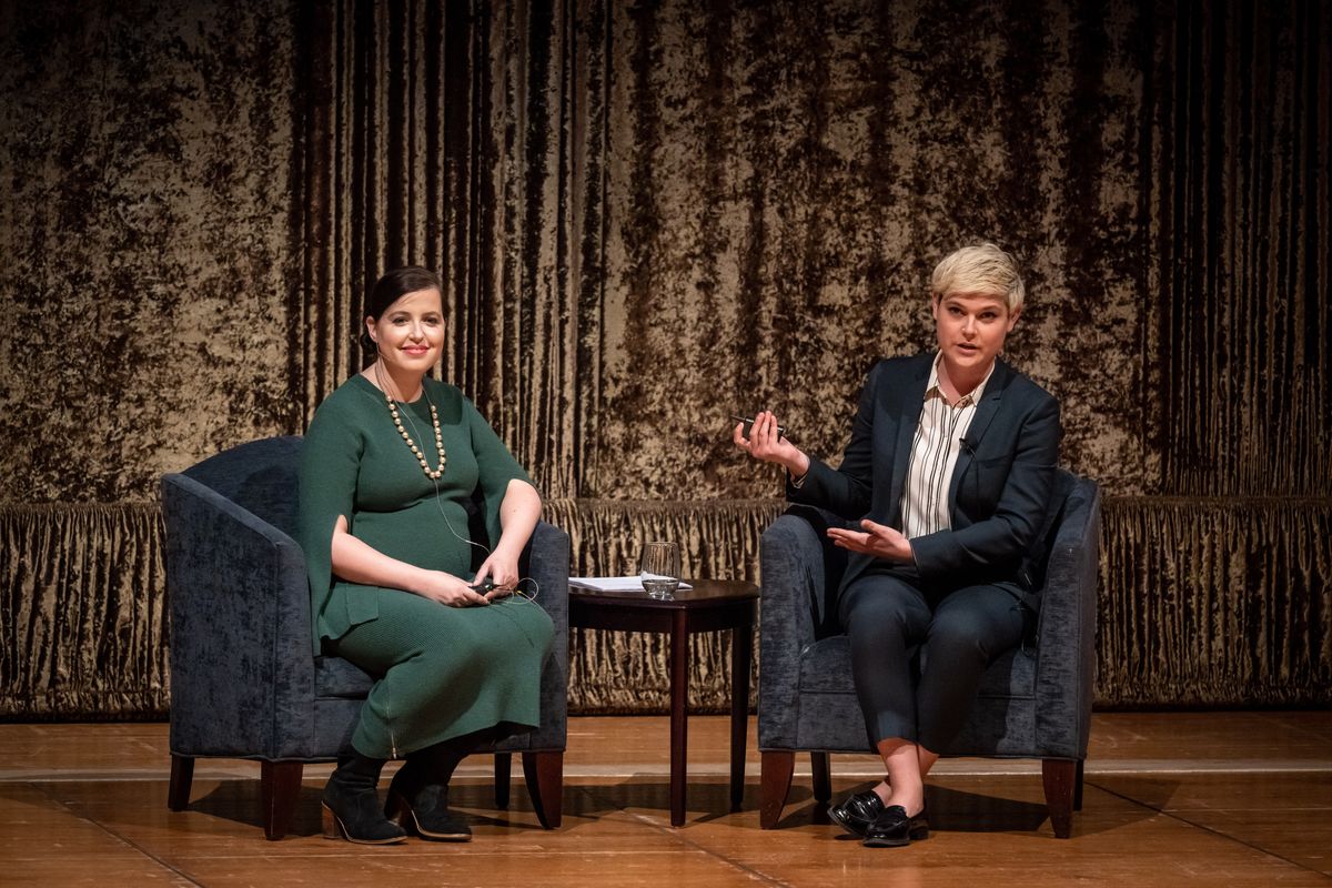 Irin Carmon, on left, and Shana Knizhnik, co-authors of “Notorious RBG: The Life and Times of Ruth Bader Ginsburg” speak about the U.S. Supreme Court Justice’s legacy during the Women Helping Women gala, held Tuesday, at the Martin Woldson Theater at the Fox.  (COLIN MULVANY/THE SPOKESMAN-REVI)