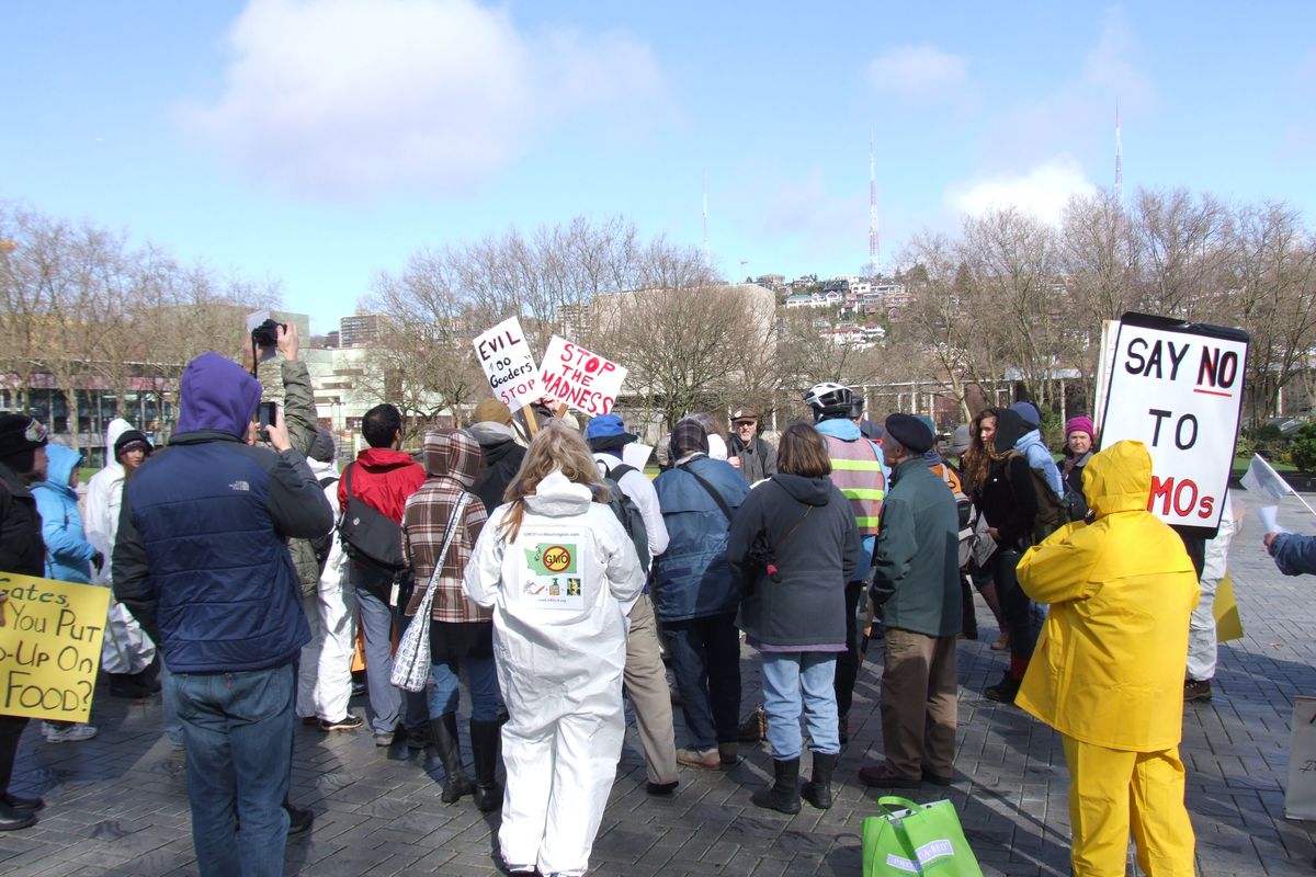 About 40 people gathered in front of the Bill and Melinda Gates Foundation office in Seattle to protest the foundation