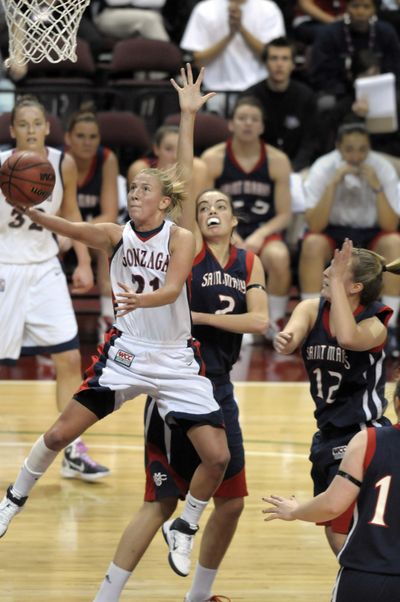Courtney Vandersloot of Gonzaga drives through the lane and the Saint Marys defense to score at the womens WCC Championship game in Las Vegas  on Monday, March 7, 2011. (Christopher Anderson / The Spokesman-Review)