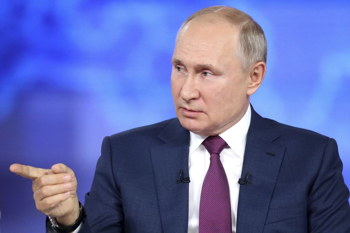 Russian President Vladimir Putin attends his annual live call-in show in Moscow, Russia, Wednesday, June 30, 2021. Speaking in a live call-in program Wednesday, Vladimir Putin has voiced hope that the country could avoid a nationwide lockdown amid a surge of new infections.  (Sergei Savostyanov)