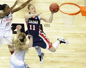 Gonzaga Janelle Bekkering (11) flies to the basket during first half action of their NCAA Tournament Elite Eight game against Stanford in the Spokane Arena on Monday, March 28, 2011. (Christopher Anderson / The Spokesman-Review)