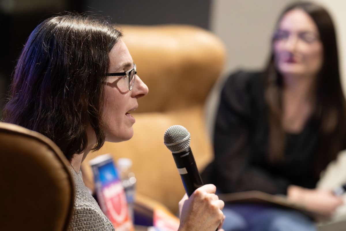 In a conversation with Spokesman-Review reporter Alexandra Duggan, on right, local author Leyna Krow talks about her new bool “Sinkhole and Other Inexplicable Voids” during a Northwest Passages event held Tuesday, Feb. 4, 2025, in the Chronicle Pavilion. Krow is also the author of the novel "Fire Season," which was long listed for the Center for Fiction First Novel Prize, and the short story collection, "I