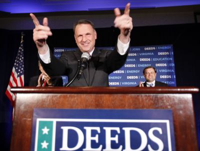 State Sen. Creigh Deeds celebrates his victory in Virginia’s Democratic primary for governor. (Associated Press / The Spokesman-Review)