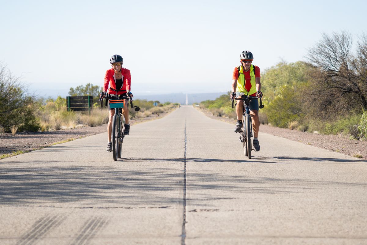 Jim Skeel and Barbara Smit on the road in the grasslands of Argentina. Smit rode a Specialized Diverge gravel bike. Although there were paved sections of road much of the route was gravel riding, she said.  (Courtesy of Barbara Smit)