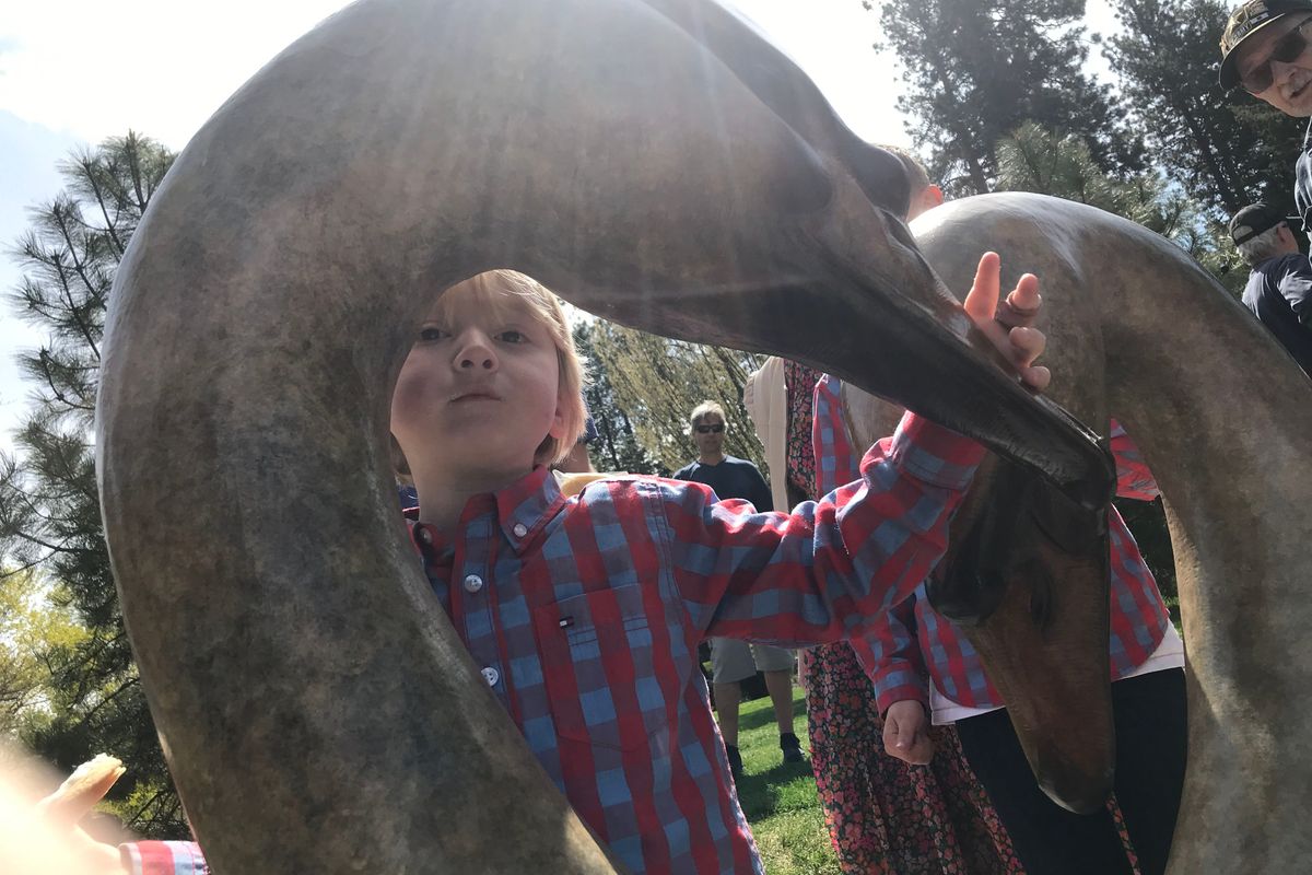 Brady Wagnon, 4, plays on the new Manito Park sculpture, “Love Birds” shortly after it was unveiled on Wednesday, May 4, 2022. Wagnon’s mom, Katy Wagnon, is the corporate communications manager at Washington Trust Bank who came up with the name of the sculpture.  (Jonathan Brunt/The Spokesman-Review)