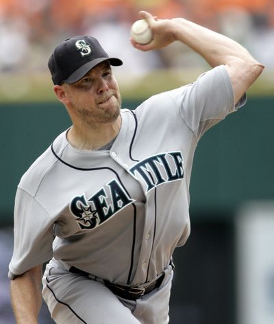 Seattle’s Jarrod Washburn allowed two hits in seven innings.  (Associated Press / The Spokesman-Review)