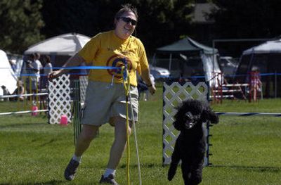 
Nancy Fisher and her standard poodle, Bridget, run across the finish line on the open jump course at the American Kennel Club Agility Trials on Sunday at University Elementary School in Spokane Valley. 
 (Liz Kishimoto / The Spokesman-Review)