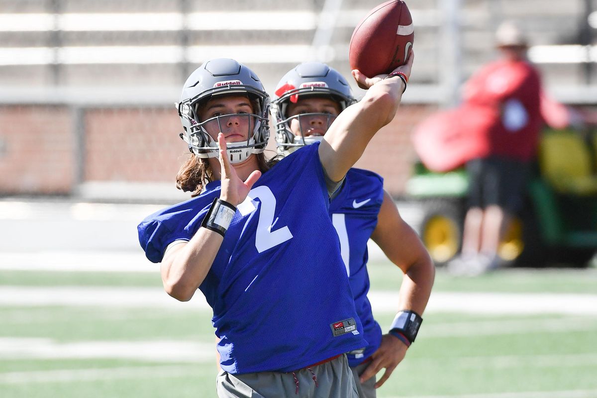 WSU quarterback Cammon Cooper (2) throws during practice on Friday, August 3, 2018, at Martin Stadium in Pullman, Wash. (Tyler Tjomsland / The Spokesman-Review)