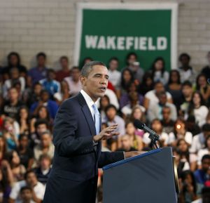 ORG XMIT: VAGH113 President Barack Obama delivers a speech on education at Wakefield High School in Arlington, Va., Tuesday, Sept. 8, 2009. (AP Photo/Gerald Herbert) (Gerald Herbert / The Spokesman-Review)