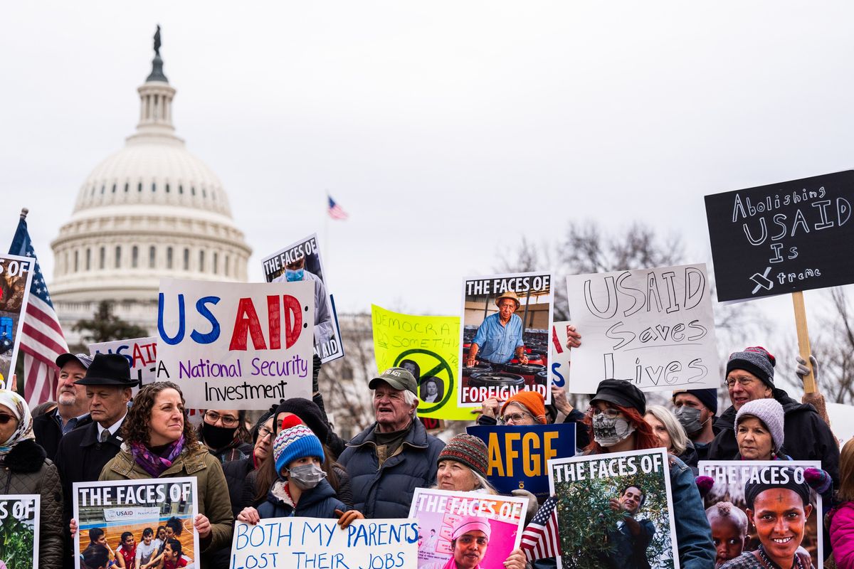 Protesters on Capitol Hill on Wednesday voiced their objections to the Trump administration’s decision to shut down the U.S. Agency for International Development. (Demetrius Freeman/The Washington Post)