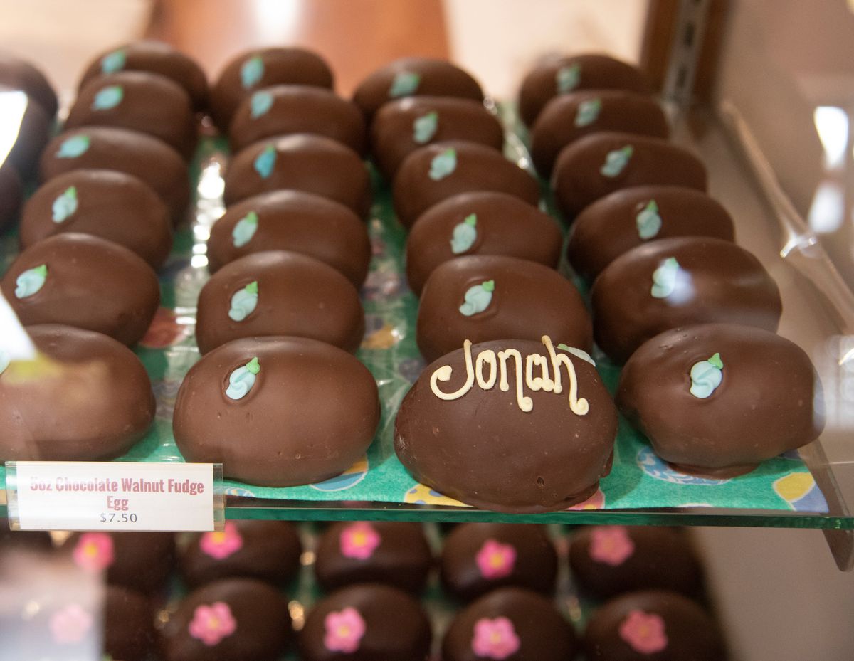 The historic Spokandy Chocolatier shop on West Third Avenue produces many different tchocolate treats and gift assortments for the Easter holiday season shown Friday, April 8, 2022. A popular choice is a customized chocolate egg offered with various creamy or fudge fillings.  (Jesse Tinsley/The Spokesman-Review)