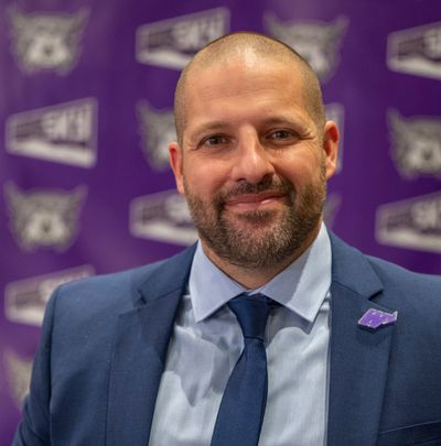 Weber State University head football coach Mickey Mental talks to members of the media at the Big Sky Conference media day Monday, July 24, 2023 at the Northern Quest Casino in Airway Heights, Washington.  (Jesse Tinsley/THE SPOKESMAN-REVIEW)