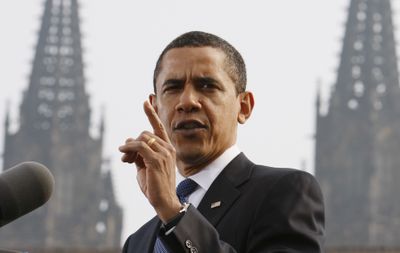 President Barack Obama addresses a crowd in Prague, Czech Republic, on Sunday. Obama pledged to de-emphasize U.S. nuclear weapons as a keystone to its defense. (Associated Press / The Spokesman-Review)