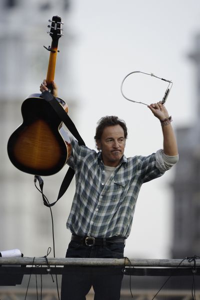 Bruce Springsteen acknowledges the audience after performing Saturday at Barack Obama rally in Philadelphia.  (Associated Press / The Spokesman-Review)