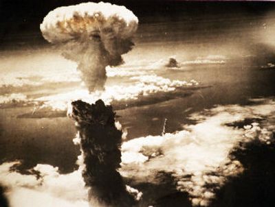 
A mushroom cloud hangs over Nagasaki, Japan, following the detonation of an atomic bomb using Hanford plutonium. 
 (File/ / The Spokesman-Review)