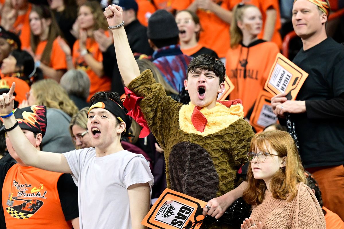 Lewis and Clark’s Lucian Fumetti-Levine dresses up as a chicken and cheers for his team with friends, Landen Lamar, left, and Ginny Hebert, as the LC Tigers took to the floor to face the Ferris Saxons during the Rubber Chicken high school boys basketball game on Tuesday at the Spokane Arena.  (Tyler Tjomsland/The Spokesman-Review)