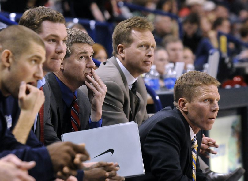The Gonzaga bench from left; Andrew Sorenson, coaches Tommy Lloyd, Leon Rice, Ray Giaocoletti and and Mark Few watch the game slip away from the Zags as they lose to Portland State. (Dan Pelle / The Spokesman-Review)