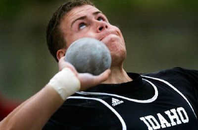 
Idaho's Matt Wauters uncorks a throw in the shot put on Friday in Cheney.
 (Christopher Anderson / The Spokesman-Review)