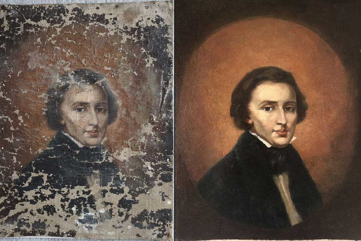 This combination of undated photos provided by Dariusz Markowski, left, and Jaroslaw Golebiowski, right, show a portrait of Polish composer Frederic Chopin before and after restoration. A peeling portrait of Polish piano composer Frederic Chopin purchased at a flea market hung modestly in a private house in Poland for almost three decades before an expert dated the painting to the 19th century. The small painting now resides in a bank vault somewhere in eastern Poland while its owners negotiate their next steps. News of the artwork’s existence broke this week as Warsaw hosted the 18th Frederic Chopin Piano Competition. The art expert who examined the portrait says it has significant historic value, but he refrained from estimating what it might sell for.  (HONS)