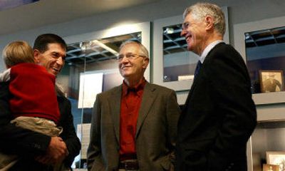 
Tuesday's Inland Northwest Sports Hall of Fame inductees at the Arena included (left to right): John Stockton, who is holding son Samual, Jack Spring and Ed Sharman. 
 (Kathryn Stevens / The Spokesman-Review)