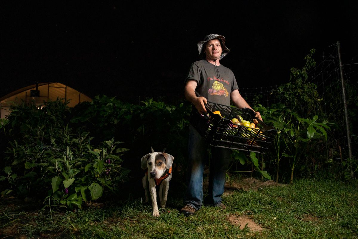 Mark Hines owns a small farm in Derwood, Md., where he harvests produce at night. He