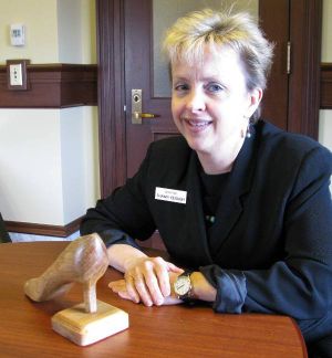 State Sen. Shawn Keough, R-Sandpoint, is shown with the wooden shoe gavel she received last month from former Rep. Max Black. It's a reminder of an incident during an interim tax committee hearing at Sandpoint High in 2005, when she pulled off her navy-blue pump and banged it on the table for lack of a gavel.