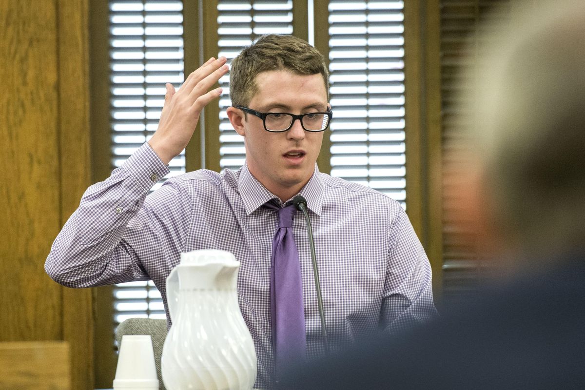 Drew Schreiber testifies in court about his head injuries. (Dan Pelle / The Spokesman-Review)
