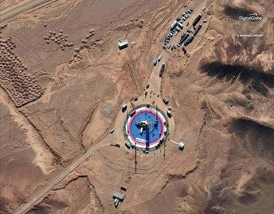 This Feb. 5, 2019, satellite image provided by DigitalGlobe shows a missile on a launch pad and activity at the Imam Khomeini Space Center in Iran’s Semnan province. Iran appears to have attempted a second satellite launch despite U.S. criticism that its space program helps it develop ballistic missiles, satellite images released Thursday, Feb. 7, 2019 suggest. Iran has not acknowledged conducting such a launch. (AP)