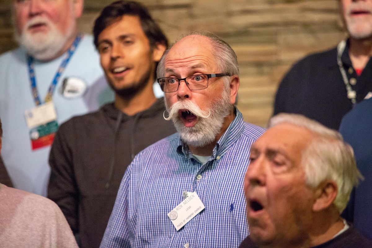 Rick Nelsen of The Pages of Harmony, a barbershop chorus, in rehersal at the Thornhill Valley Chapel in Spokane Valley, Wash. on April 24, 2019. The local a cappella group is currently in its 68th year and will perform its annual Spring Show on Saturday, May 11, 2019, at the Valley Assembly Church. (Libby Kamrowski / The Spokesman-Review)