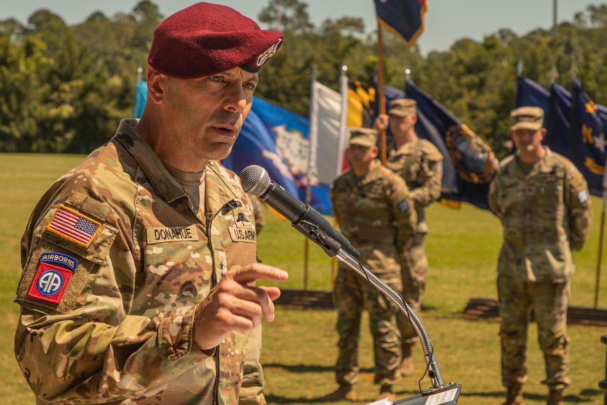 U.S. Army Lt. Gen. Christopher Donahue, commanding general of the XVIII Airborne Corps, speaks during an uncasing ceremony at Fort Stewart, Georgia, in May. The uncasing ceremony is an Army tradition that represents the completion of a unit’s mission overseas. MUST CREDIT: U.S. Army photo by Sgt. Jonathon Downs  (Cpl. Jonathon Downs/3rd Infantry Division)